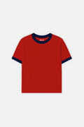 Rib Muscle Tee Red w/ Navy – red ribbed muscle tee with navy contrast