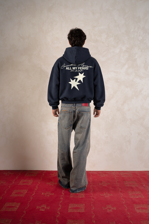 All My Fears Hoodie Midnight Blue — Model back